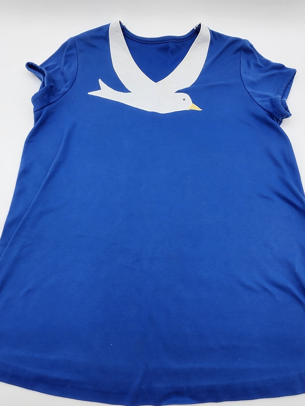 Vintage Blue Women's Seagull Bird Embroidered V-Neck S/s Tee Shirt